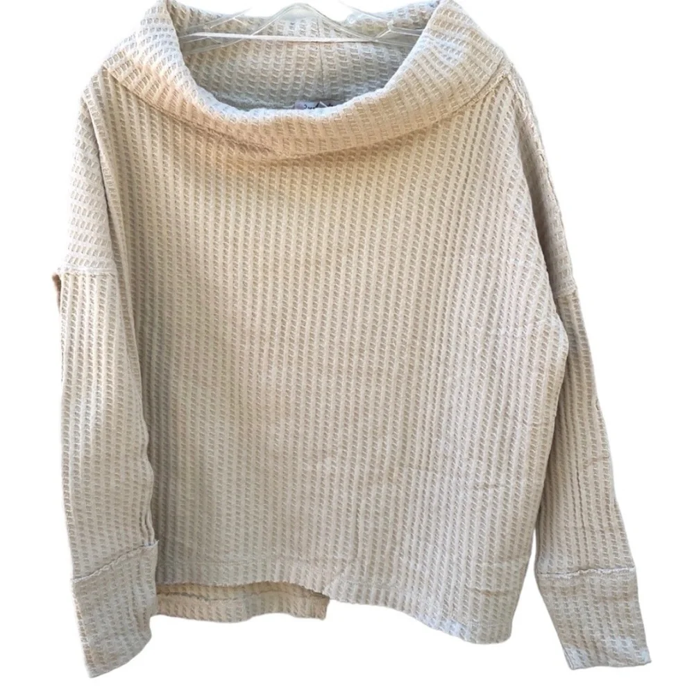 NWT Free People XS Cream Juicy Cowl Neck Long Sleeve Waffle Knit thermal top - Picture 2 of 8